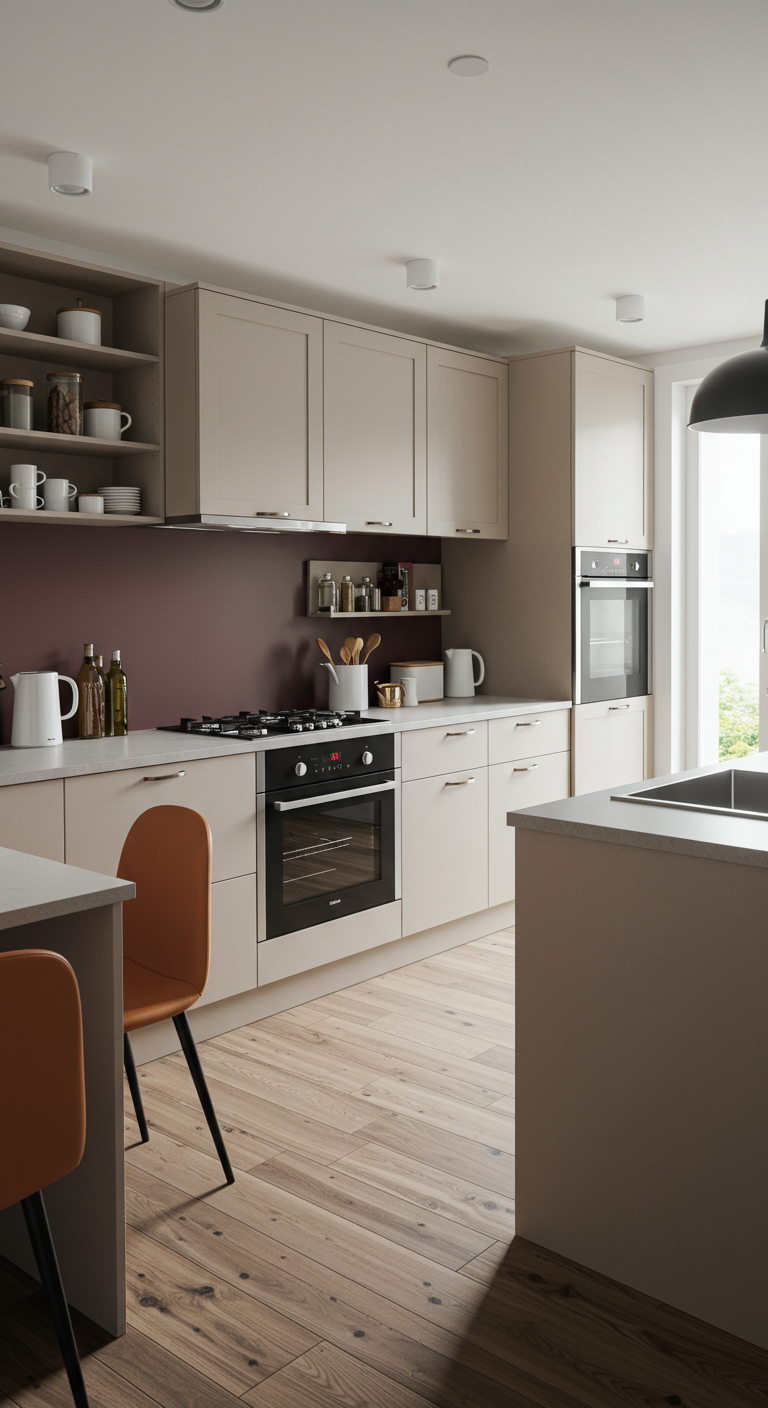 Modern kitchen with beige cabinets, a black oven, and wooden countertops. Minimalistic design features freestanding shelves and warm lighting, creating a cozy ambiance.