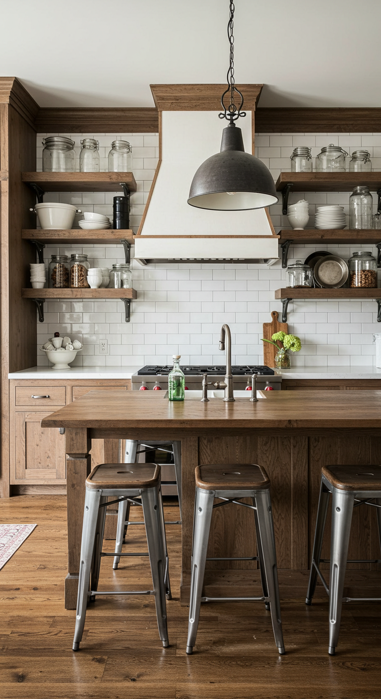 Rustic kitchen with wooden cabinets and shelves, a large island with metal stools, white subway tile backsplash, and a hanging metal light fixture.