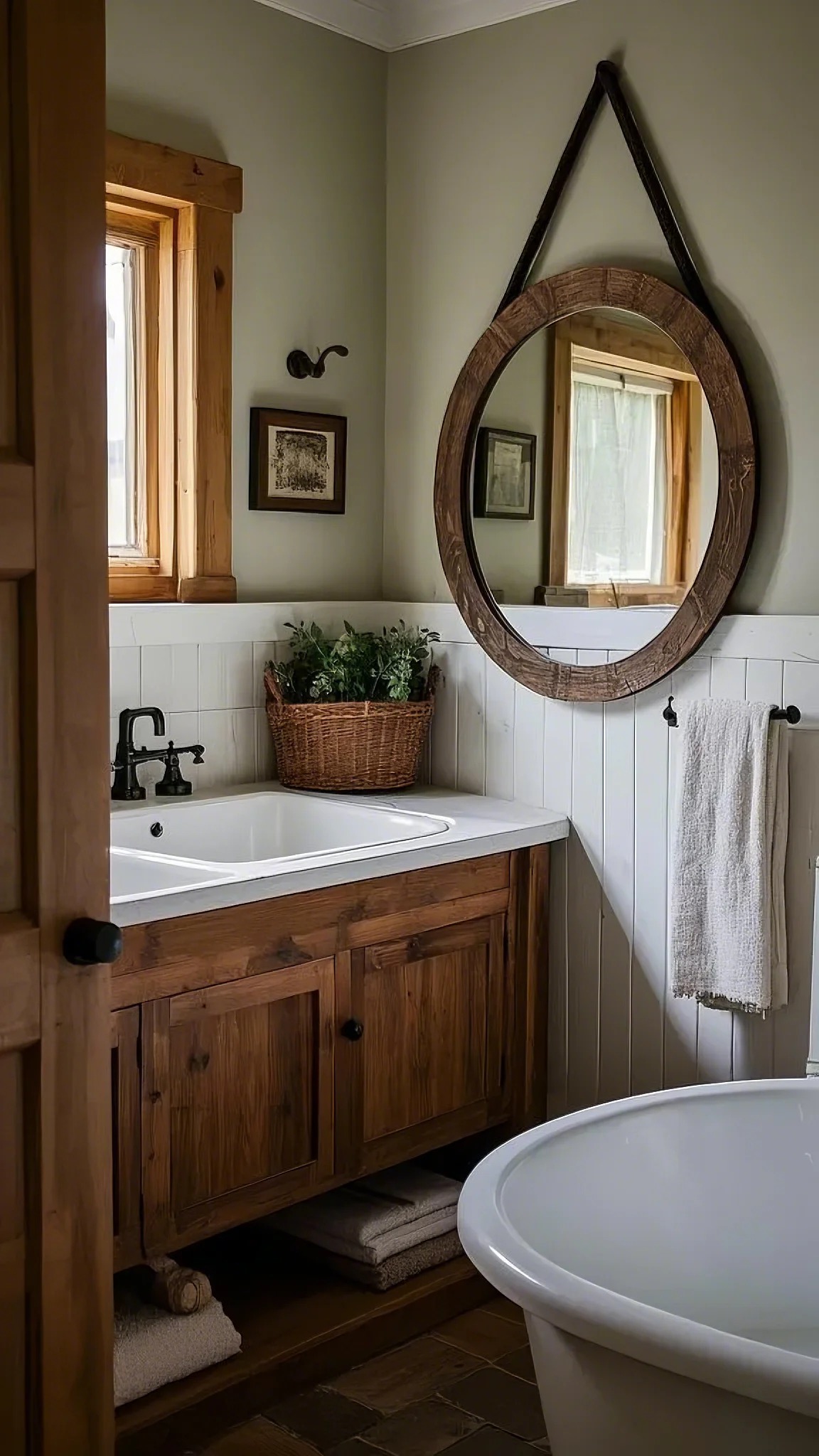 Cozy bathroom features a circular wooden mirror, rustic wood vanity with a white sink, woven basket with plants, towel, and window-lit serene ambiance.