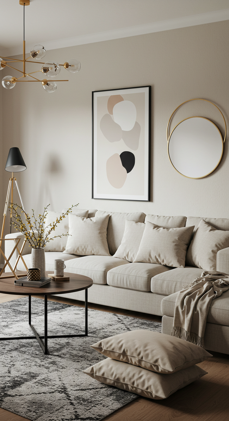 Modern living room with a beige sofa, abstract wall art, and a round mirror. A gold chandelier and floor lamp add elegance. Soft, neutral tones dominate.