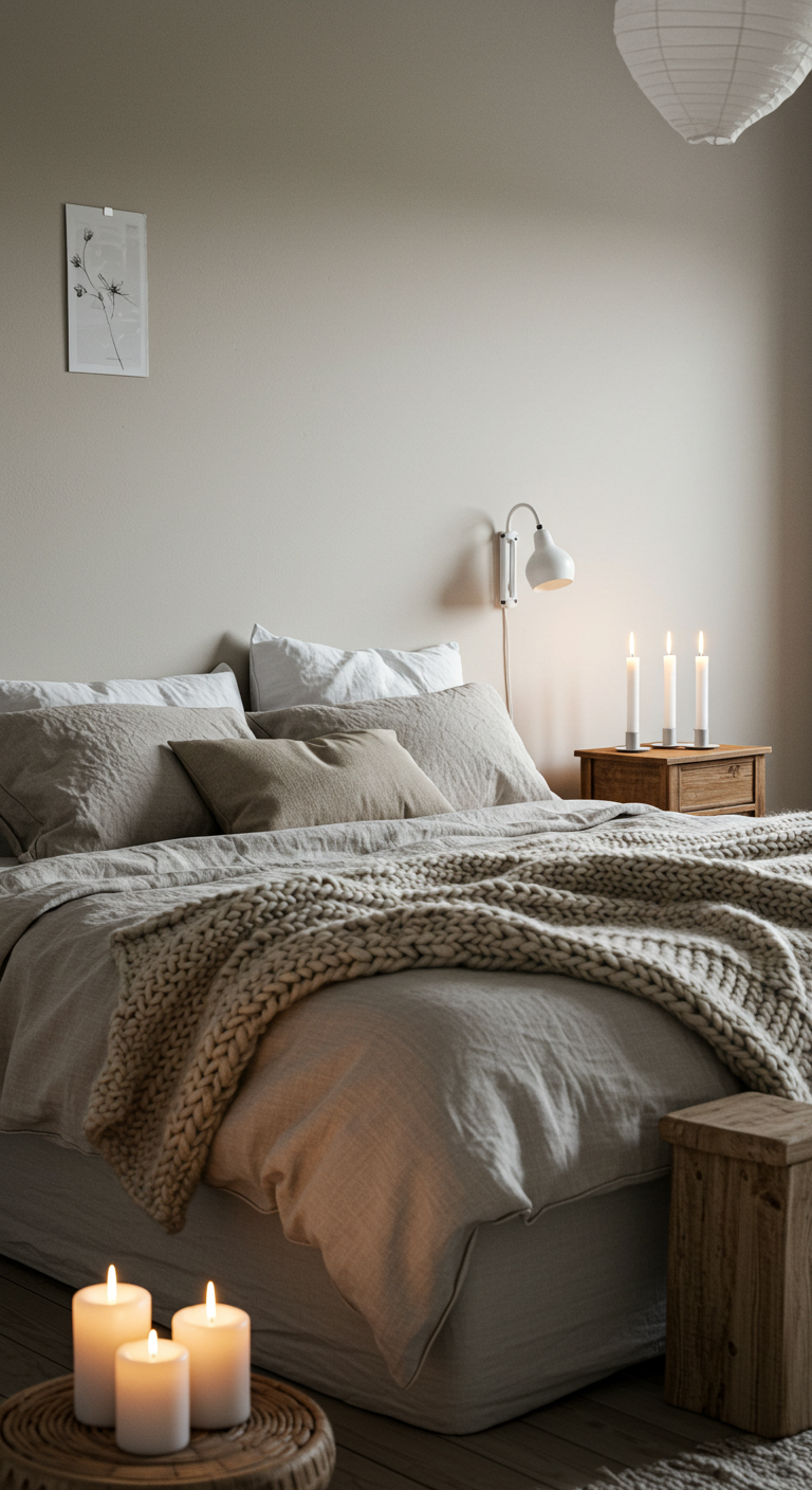 Cozy bedroom with a neutral palette. A bed with beige linens and knitted throw is surrounded by candlelight, creating a warm, serene ambiance.