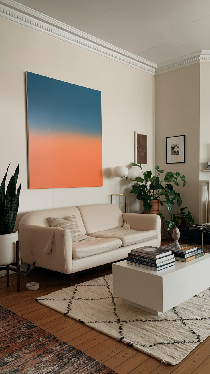 A cozy living room with a beige sofa, abstract art on a cream wall, lush plants, and a white coffee table on a patterned rug. The atmosphere is serene.