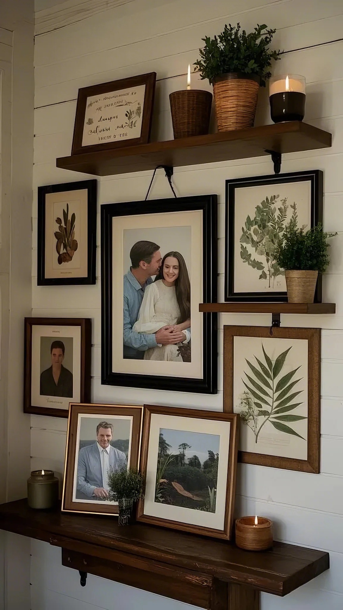 A cozy wall display featuring framed portraits, botanical prints, and inspirational text. Shelves are adorned with candles and small potted plants, creating a warm atmosphere.