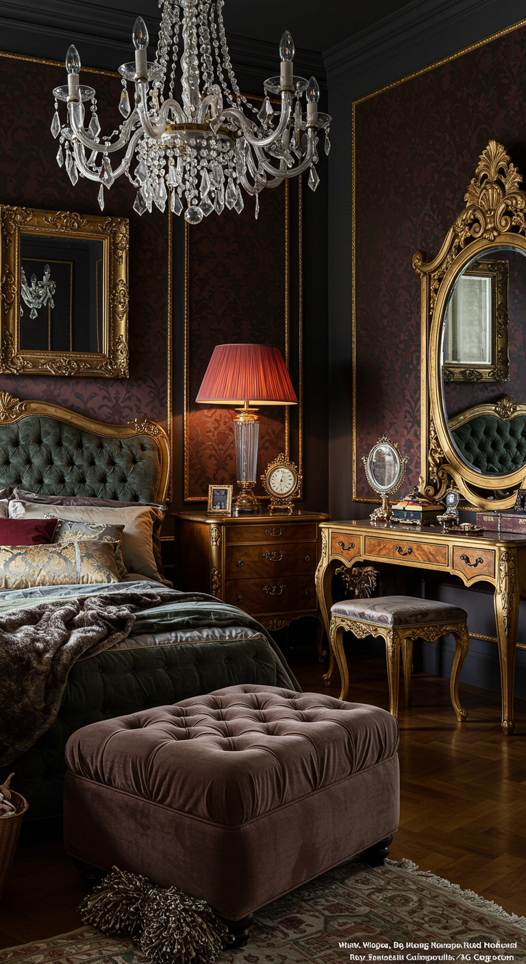 Luxurious vintage bedroom with a crystal chandelier, ornate mirror, and elegant furniture. Rich tones create a warm, opulent atmosphere.