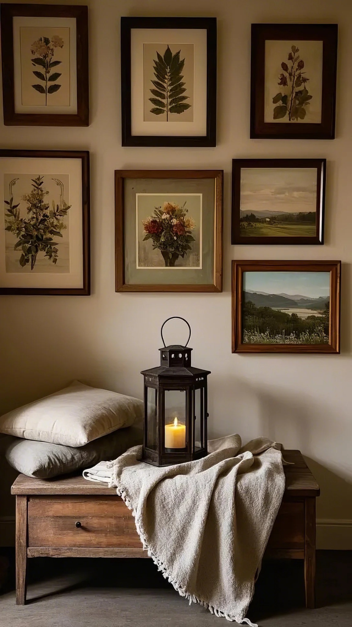 Cozy room with framed botanical art and landscapes on a beige wall. A wooden bench with pillows, a lantern, and a draped blanket adds warmth.