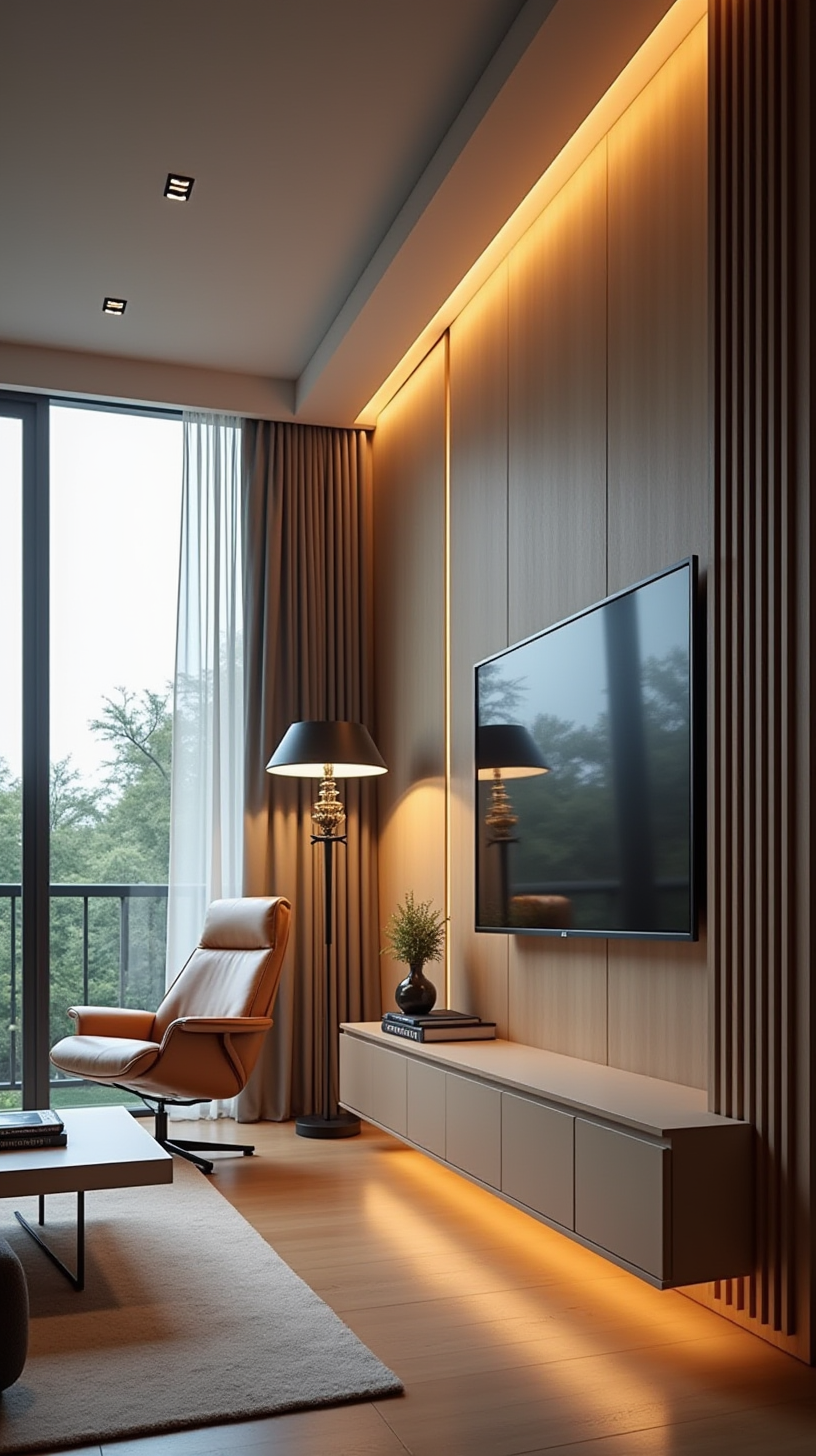 Modern living room featuring a leather chair, large wall-mounted TV, soft lighting, and a floor lamp. A glass door provides a view of lush greenery.