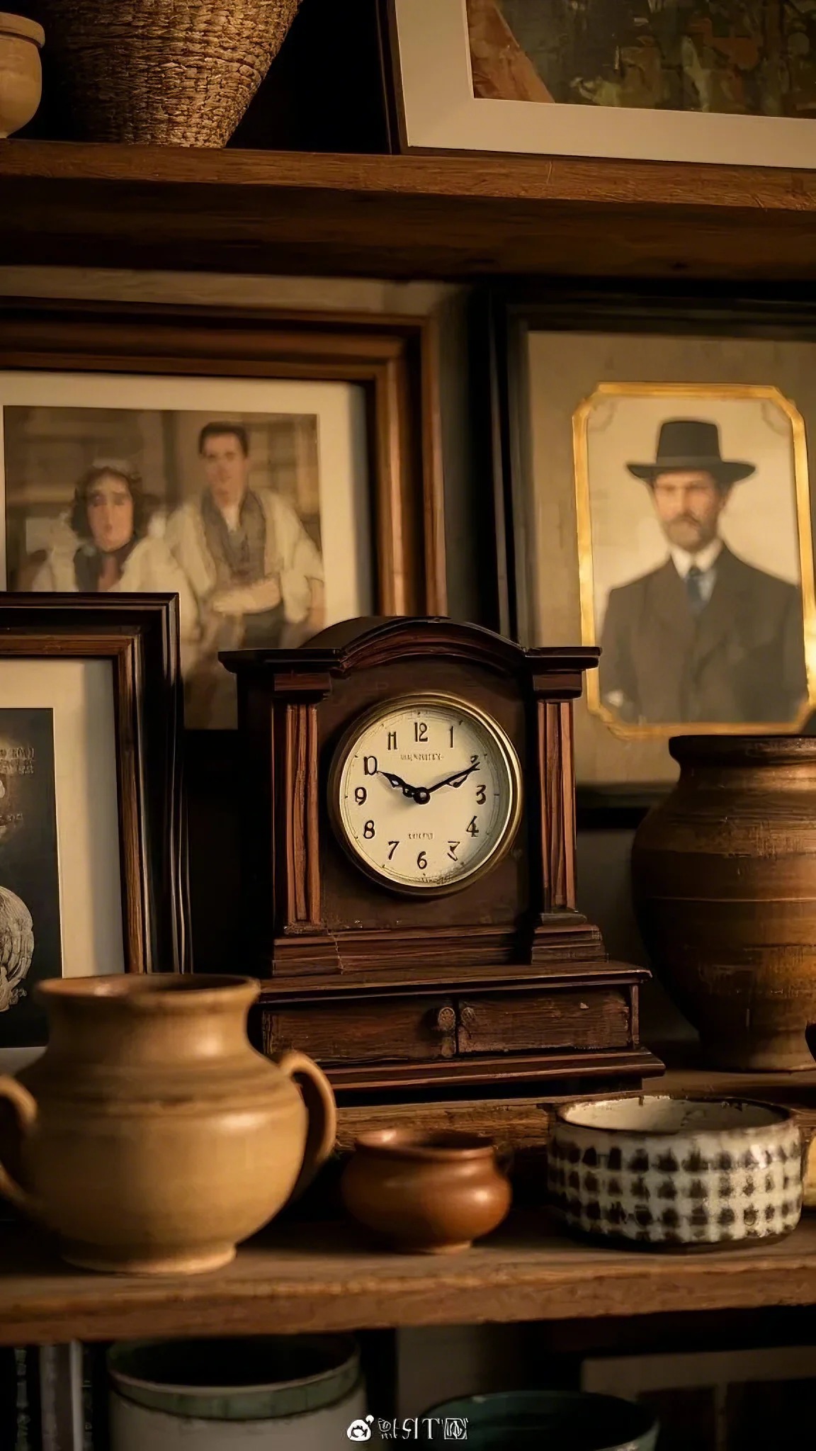 A rustic wooden shelf displays a vintage clock, framed family portraits, and pottery, evoking a nostalgic, homey atmosphere.