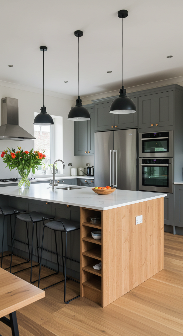 Modern kitchen with sleek gray cabinets, stainless steel appliances, and a white island with wooden accents. Vase of red flowers adds vibrancy. Cozy, inviting tone.