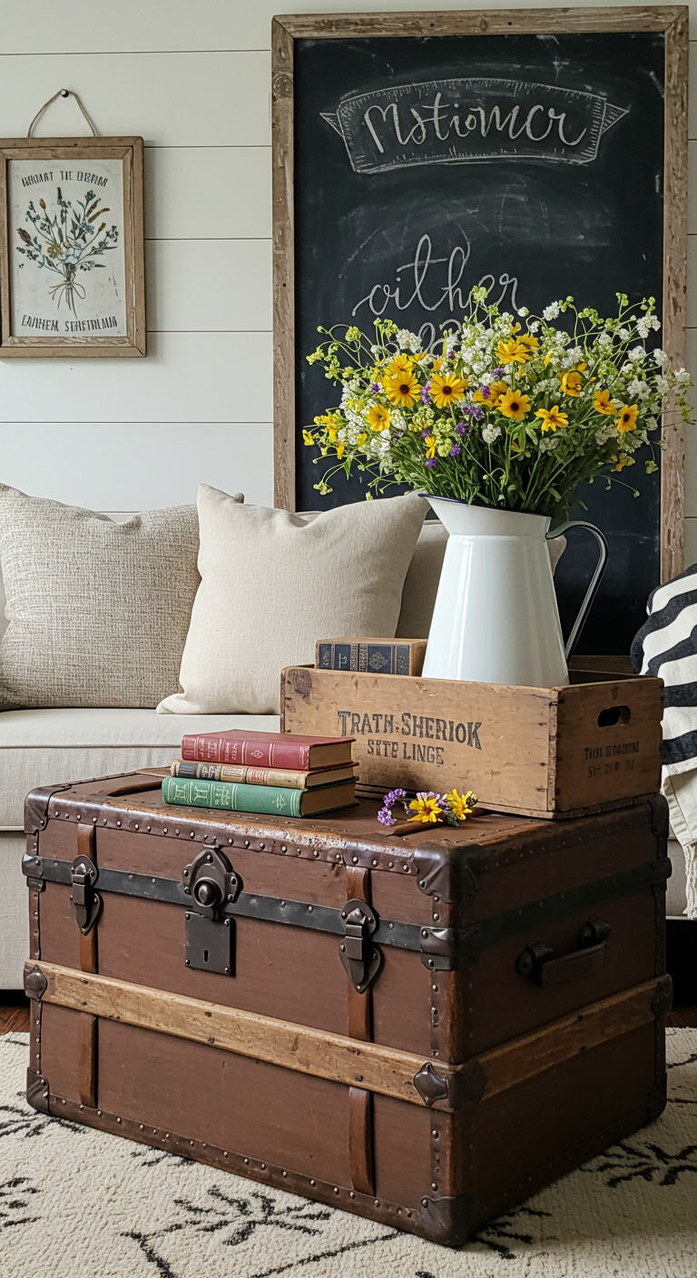 Vintage living room with a rustic trunk, wildflowers in a jug, old books, and a chalkboard. Cozy beige sofa, inviting farmhouse style.