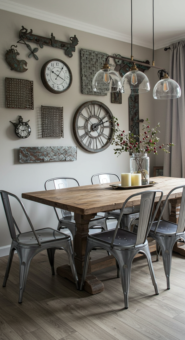 A rustic dining room with a wooden table, metal chairs, and a wall adorned with vintage clocks and decor. Hanging glass lights add a warm ambiance.