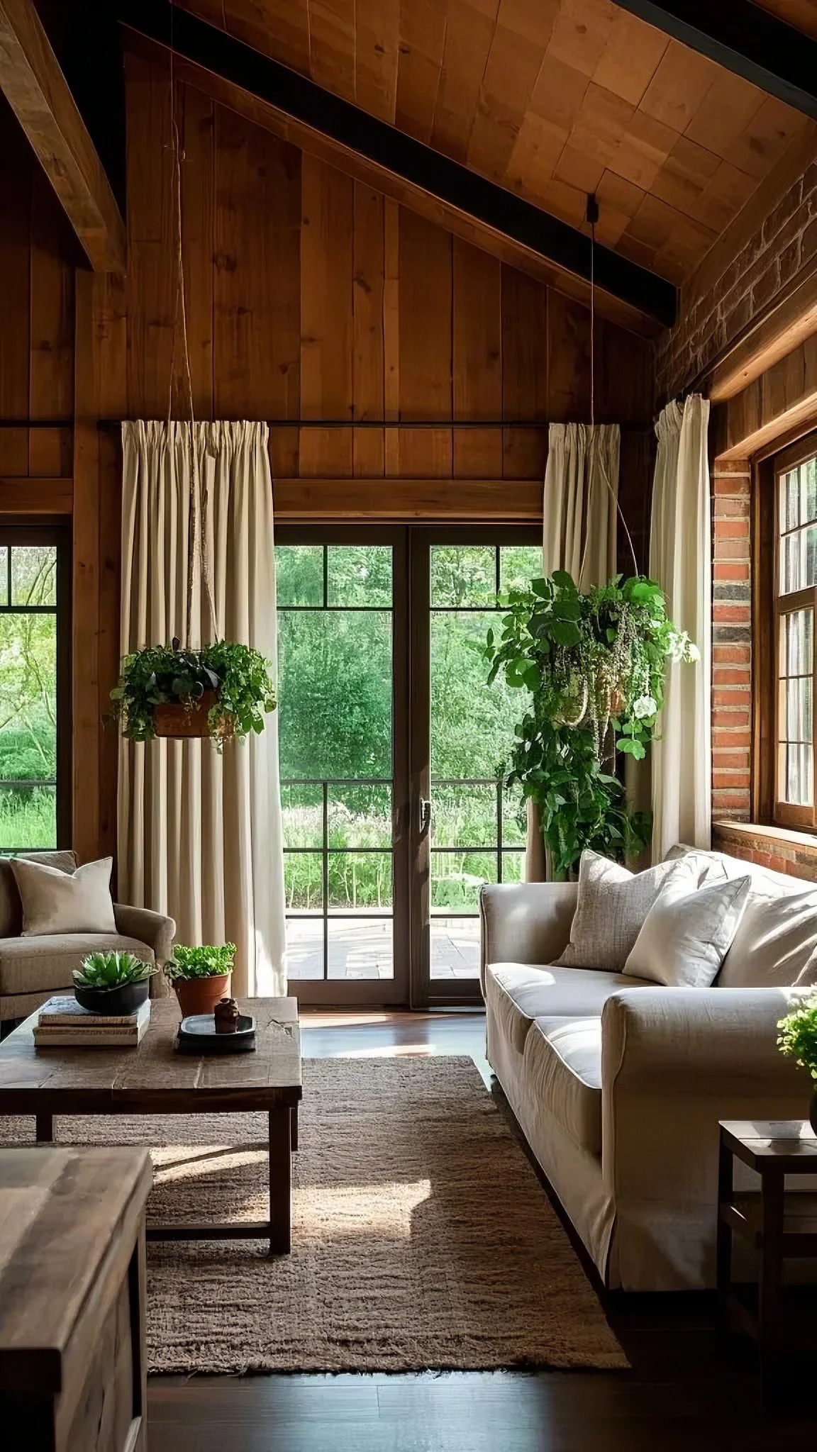 Cozy living room with wooden walls and ceiling, large windows, and lush greenery. Cream curtains frame glass doors, inviting natural light and warmth.