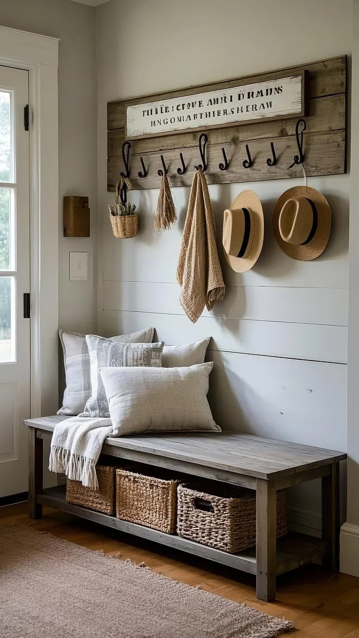 Cozy entryway with a wooden bench, soft pillows, and woven baskets. Above, hooks hold hats and a knit scarf, creating a warm, inviting atmosphere.