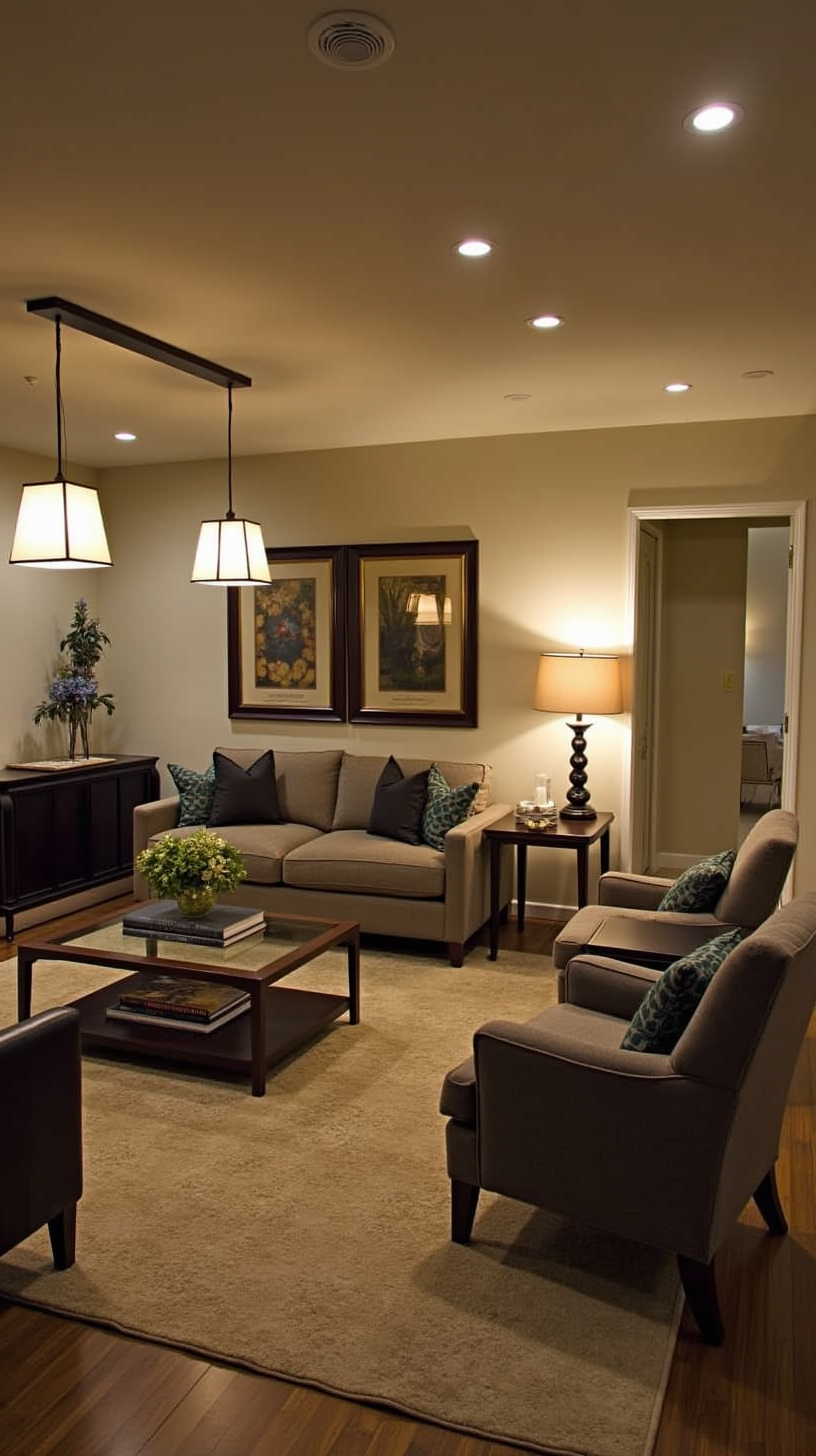 Cozy living room with beige sofas and a coffee table on a beige rug. Warm lighting, framed art, and a lamp create a welcoming ambiance.