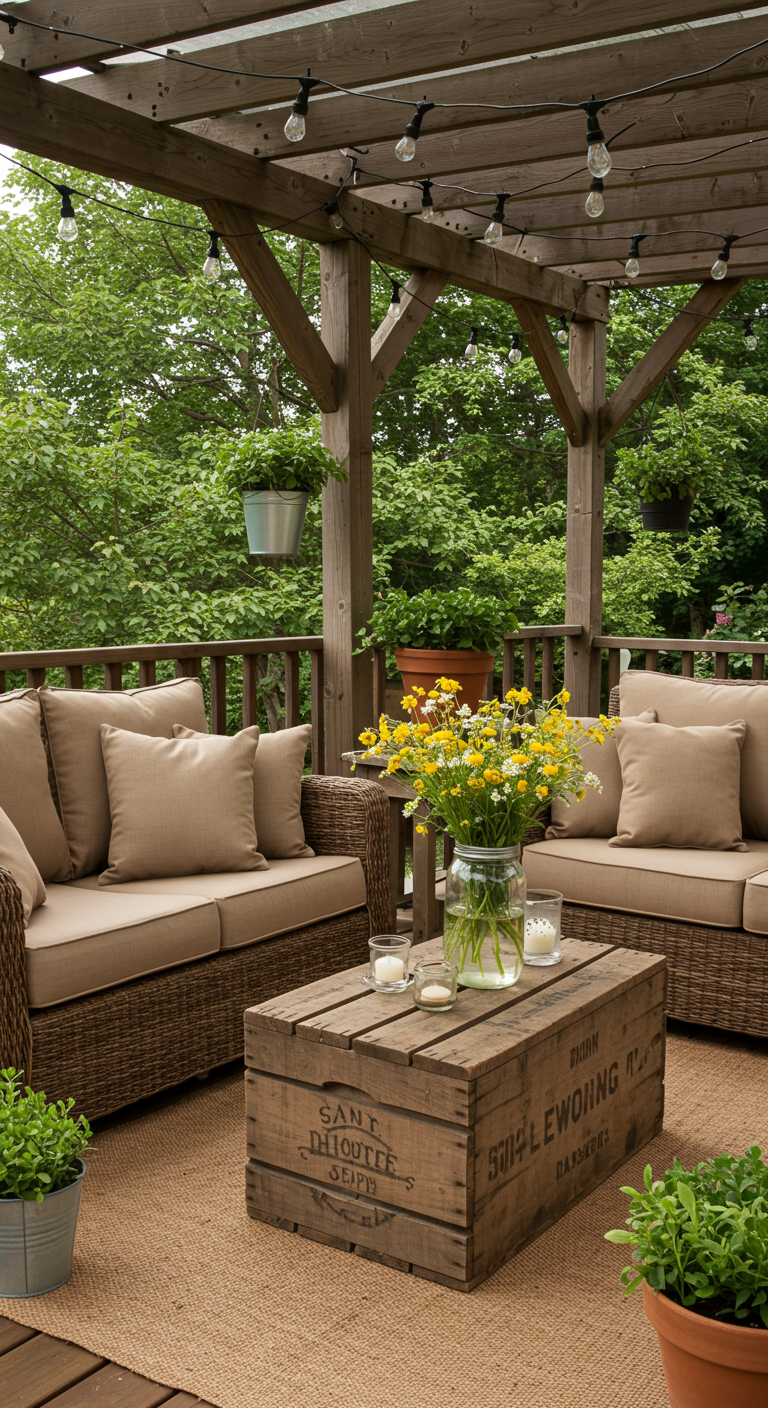 Cozy outdoor patio with wicker sofas under a pergola, adorned with string lights and greenery. A rustic crate table holds candles and yellow flowers.