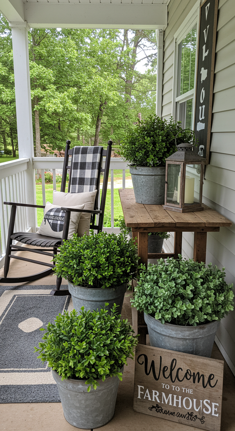 A charming farmhouse porch with a black rocking chair, plaid pillow, potted greenery, a wooden table with a lantern, and a "Welcome to the Farmhouse" sign.