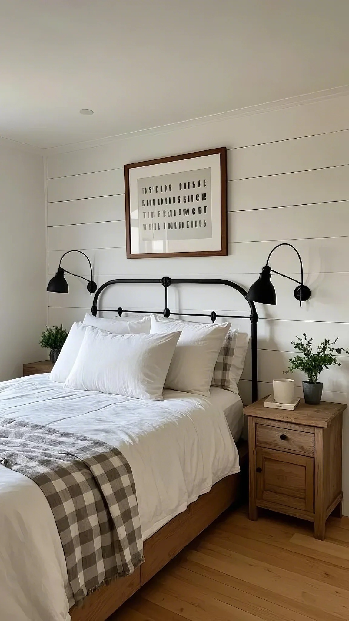 Cozy bedroom with a wooden bed, white bedding, and plaid blanket. Two plants and nightstands flank the bed. A framed typographic print hangs on a shiplap wall.