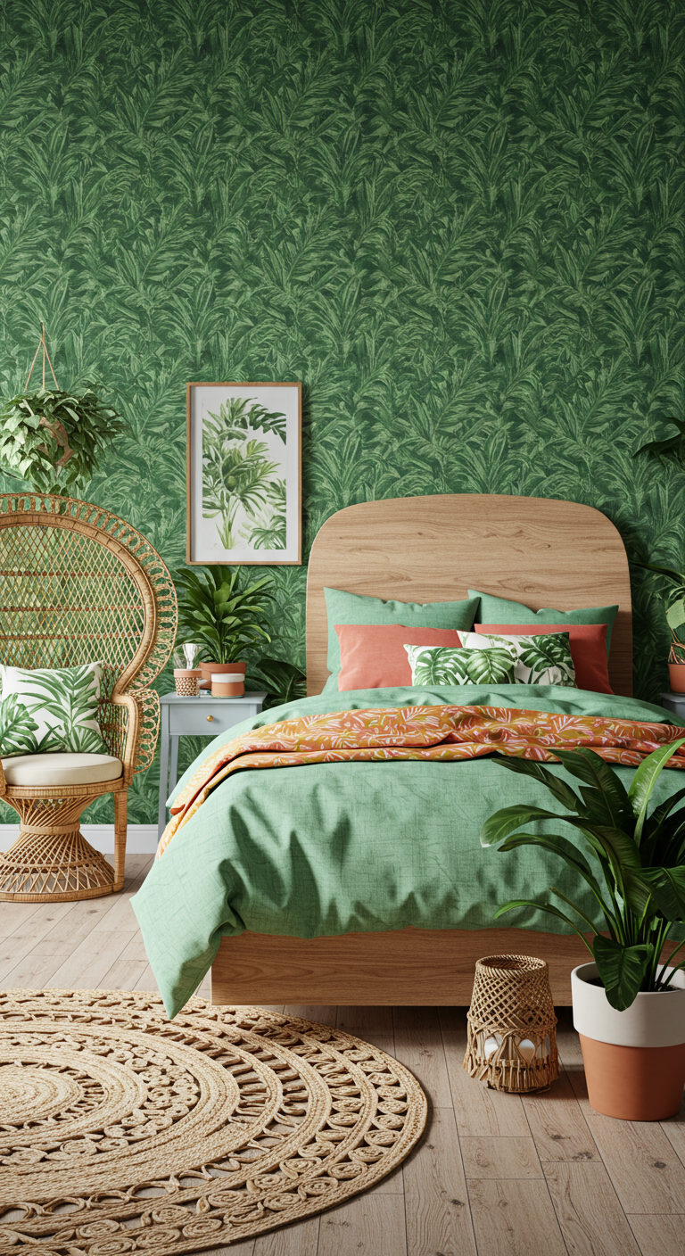 Cozy bedroom with tropical leaf wallpaper, wooden bed, and green-orange bedding. Wicker chair and plant decor create a fresh, natural ambiance.