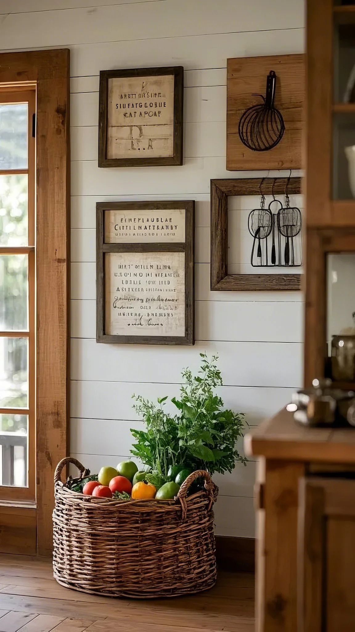 Cozy rustic kitchen corner with framed art and utensils on white shiplap wall. A woven basket with fresh vegetables and herbs sits on wooden floor.