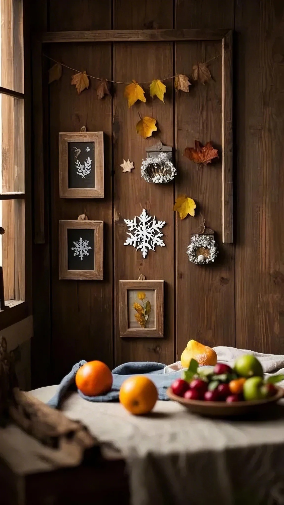 Cozy autumn scene with framed leaves and snowflakes on rustic wooden wall, fruit in foreground. Warm tones, evokes a sense of seasonal comfort.