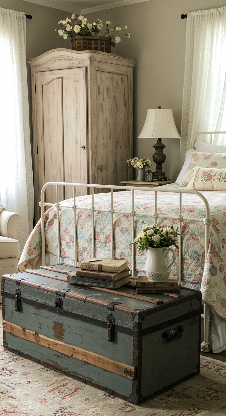 Cozy bedroom with vintage decor, featuring a floral quilted bedspread, rustic wooden armoire, antique trunk with books, and soft lighting.