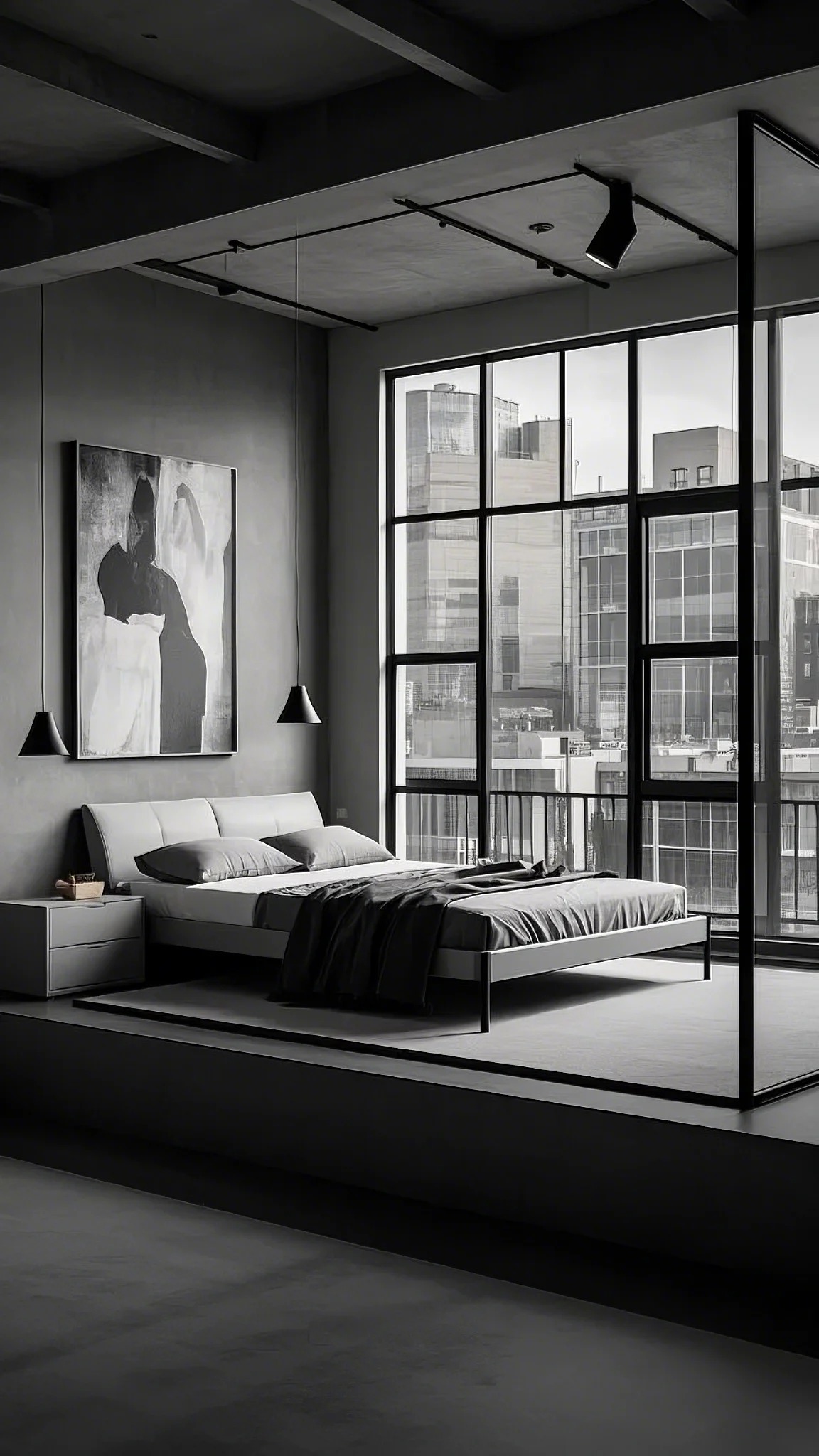 A modern bedroom with a minimalist design features a bed with gray bedding, large windows showing city buildings, and abstract art on the wall. The mood is serene.