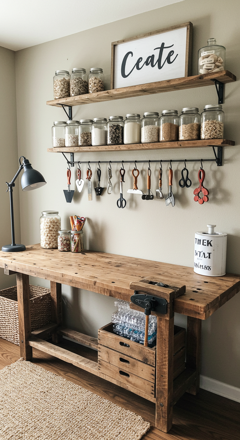 Rustic craft workspace with wooden shelves holding various jars and a "Create" sign. Tools hang below. A warm, organized, and creative atmosphere.