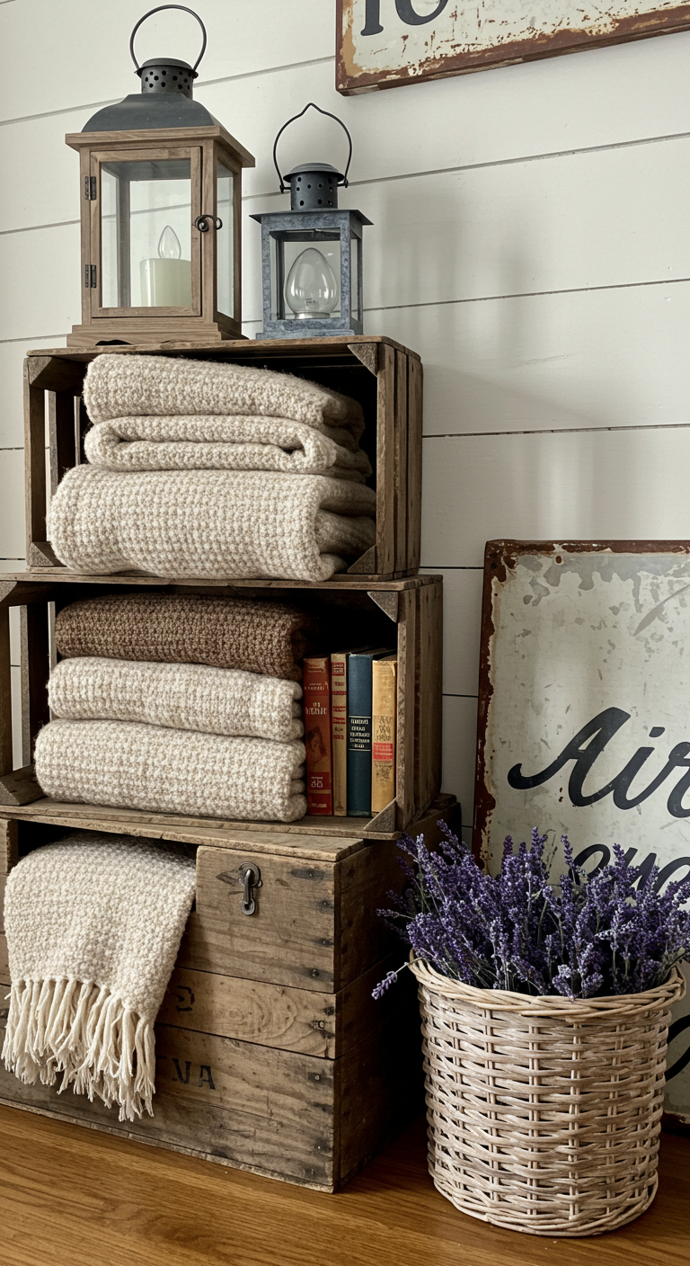 Rustic wooden crates hold folded beige blankets and vintage books. A lantern sits on top. Nearby, a wicker basket overflows with lavender. Cozy, farmhouse decor.