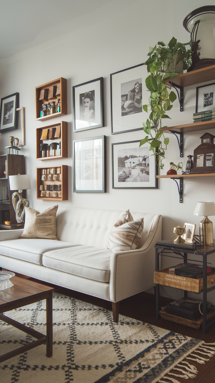 A cozy living room with a cream sofa and striped cushions, adorned with framed photos and a hanging plant. The room has a warm, inviting feel.