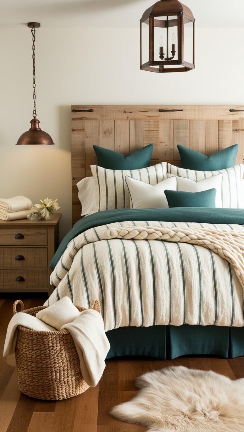 Cozy bedroom with a wooden headboard, teal and striped bedding, braided throw. Warm lighting from pendant lamp, basket with blankets, fur rug on wooden floor.