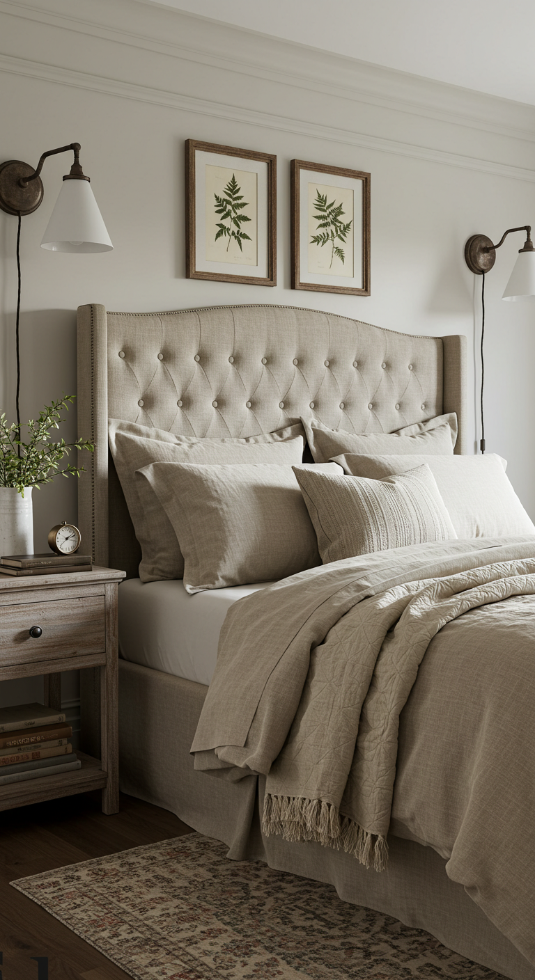 Cozy bedroom with a beige upholstered bed, layered with soft pillows and a textured throw. Rustic nightstand, twin wall lamps, and fern art add warmth.