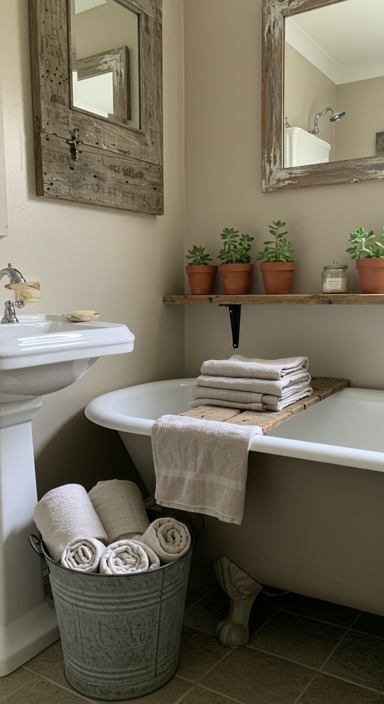 Cozy bathroom with a vintage clawfoot tub, stacked beige towels, potted succulents on a wooden shelf, and a rustic mirror above a white sink.