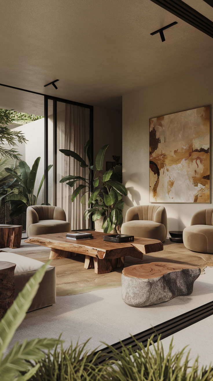 Modern living room with beige chairs, a wooden coffee table, and lush plants. Abstract artwork hangs on the wall, creating a serene, earthy ambiance.