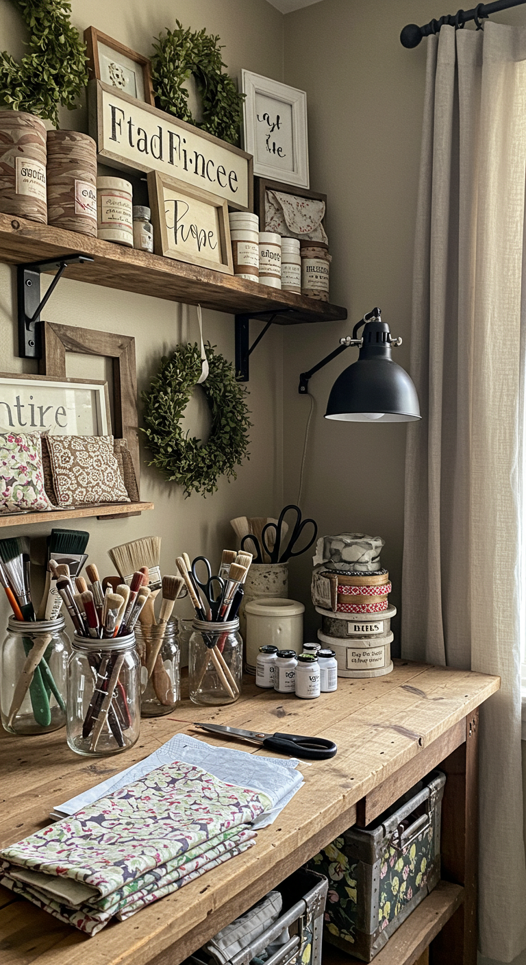 Cozy craft room with rustic wooden workbench. Brushes in jars, folded floral fabric, scissors, and vintage tins are neatly arranged. Warm, inviting tone.