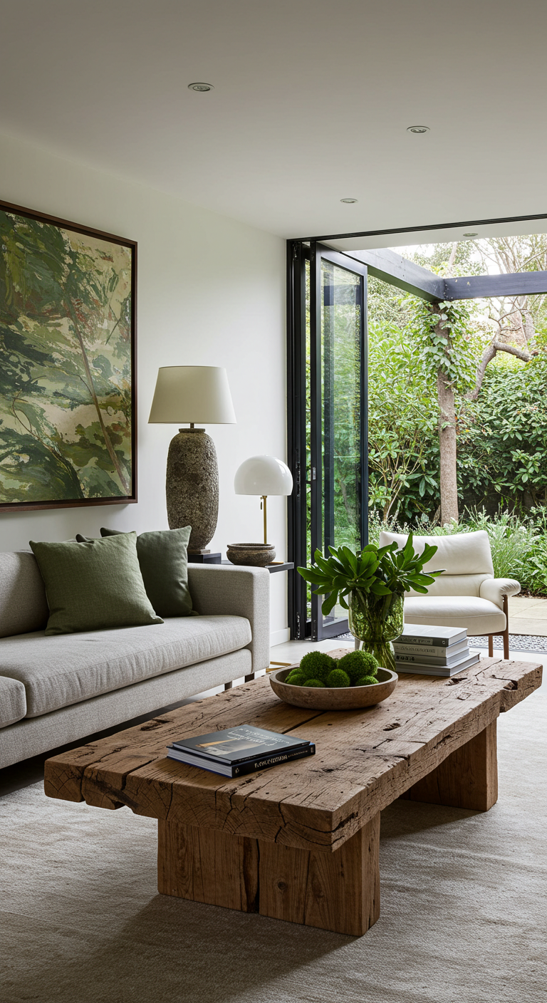 Modern living room with a beige sofa, green cushions, and a rustic wooden coffee table. Large artwork, lamps, and open glass doors to a lush garden enhance a serene ambiance.