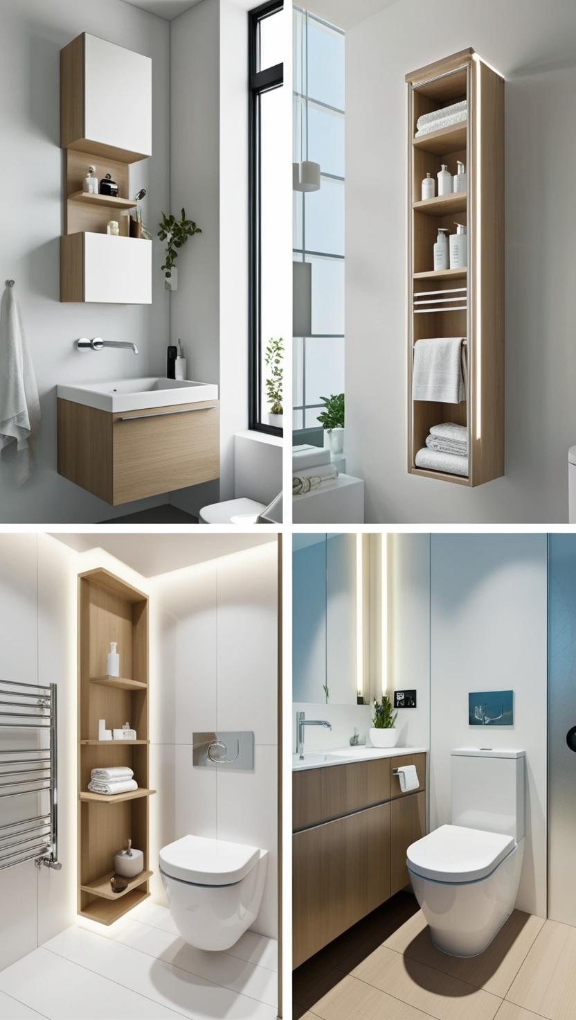 Modern bathrooms with minimalist design; wooden cabinets, sleek white fixtures, large mirrors, soft lighting, and greenery create a fresh, calm feel.