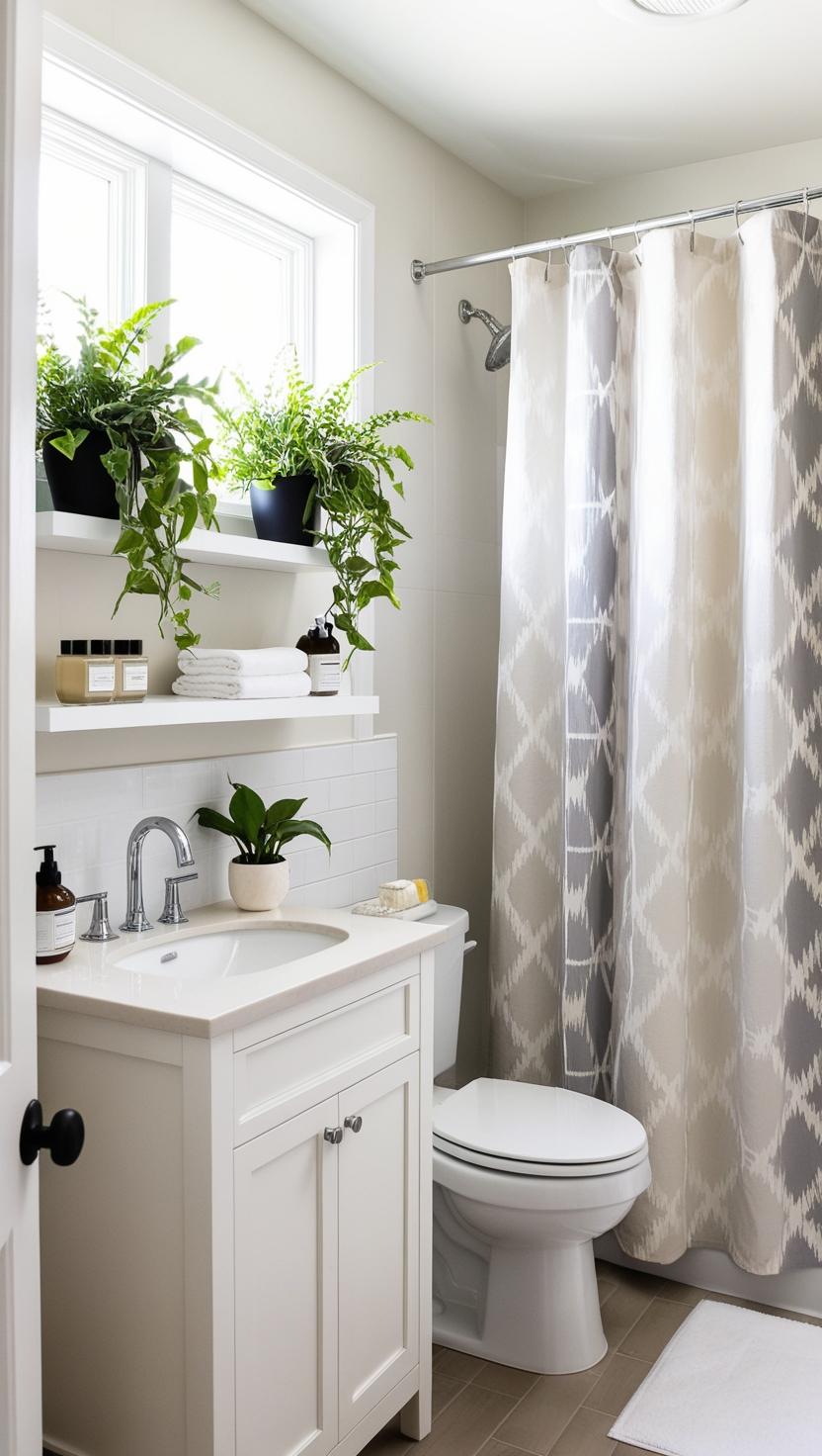 A bright bathroom with a white vanity, plant accents, and patterned gray shower curtain. Shelves hold towels, plants, and toiletries, creating a fresh ambiance.