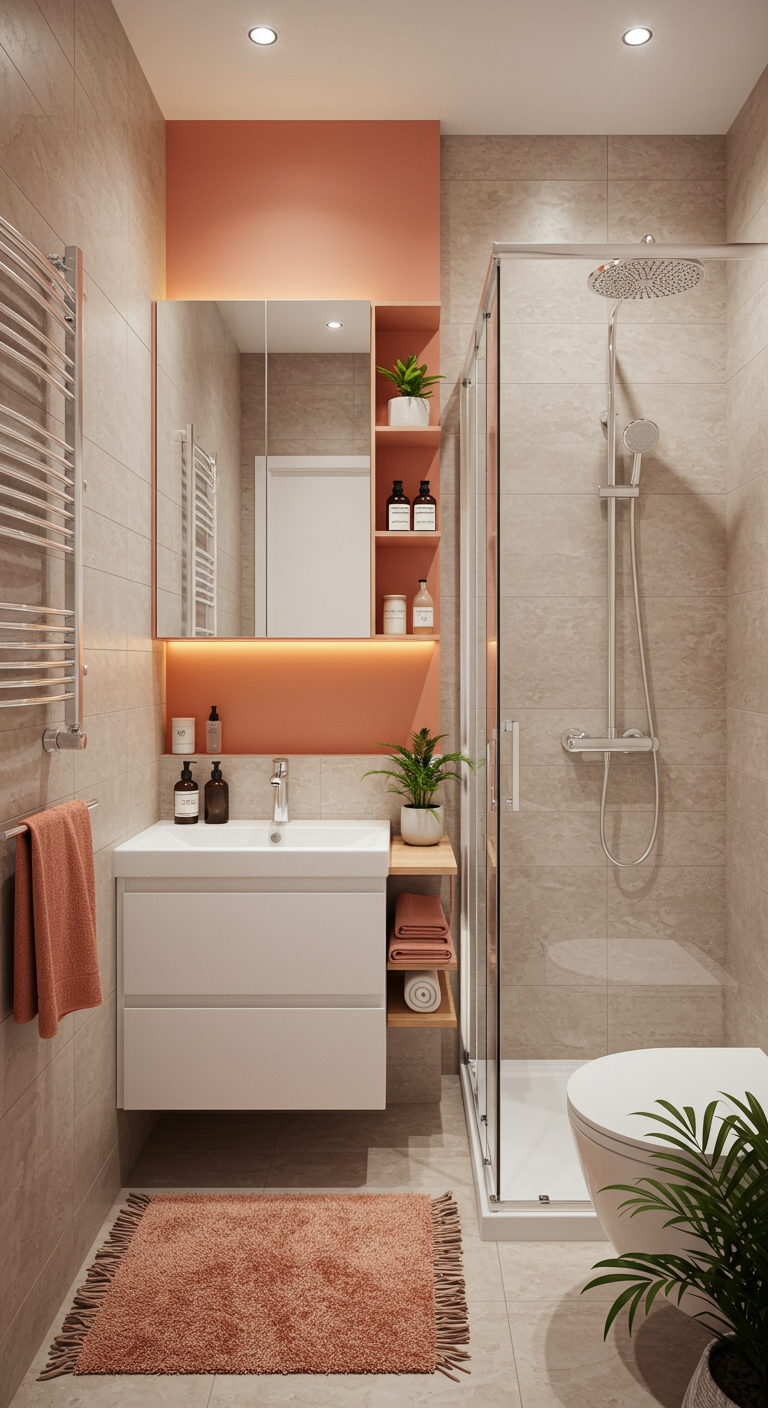 Modern bathroom with coral accents, featuring a sleek white vanity, glass shower, beige tiles, and plants. Warm lighting creates a cozy atmosphere.