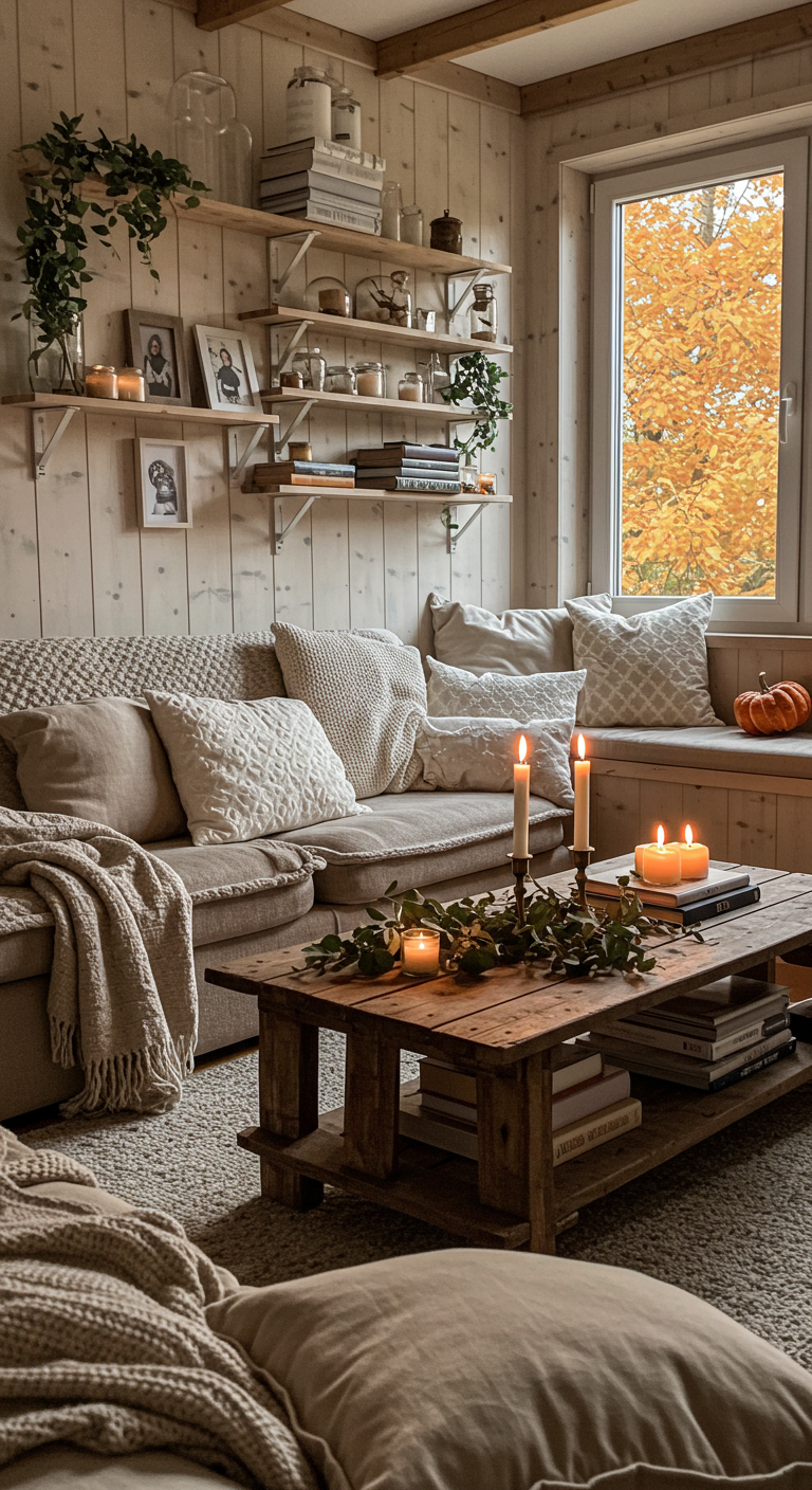 Cozy Budget Friendly Home Decor Ideas
Cozy living room with beige couch, layered cushions, wooden coffee table with candles, and autumn leaves visible through the window, creating a warm ambiance.