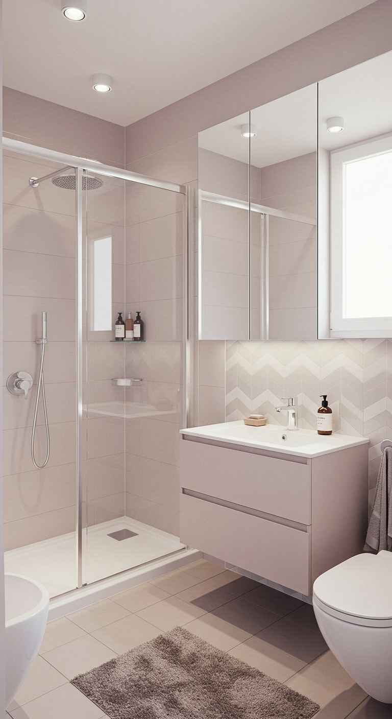 Space-Saving Small Bathroom Ideas and Inspiration
Modern bathroom with a glass shower, light beige tiles, wall-mounted sink, and mirrored cabinet. Soft lighting creates a clean, minimalist feel.