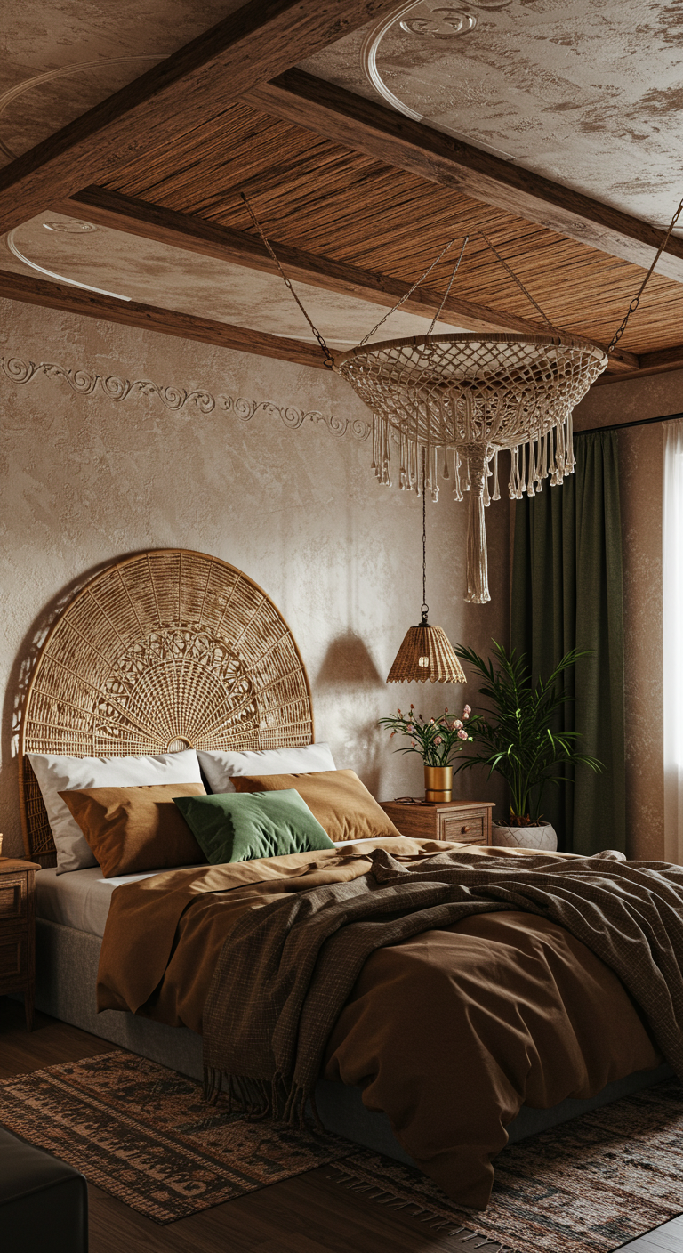 Top Boho Bedroom Trends You’ll Love This Year
Cozy bedroom with earthy tones, featuring a rattan headboard and pendant light, textured bedding, green curtains, and a macramé ceiling decoration.