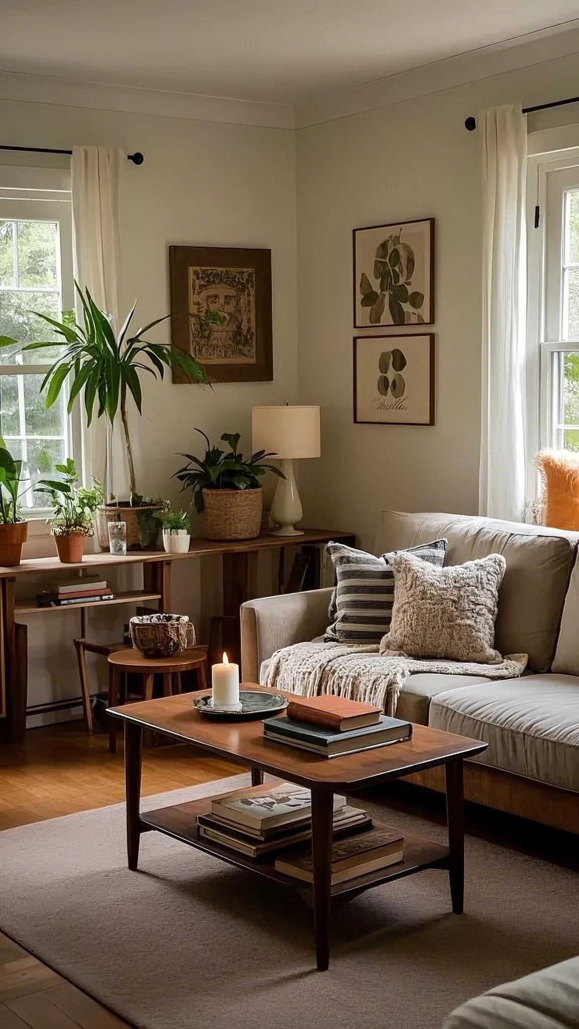 Cozy living room with a beige sofa adorned with striped and textured cushions, nestled near large windows. Potted plants and framed art add warmth and serenity.