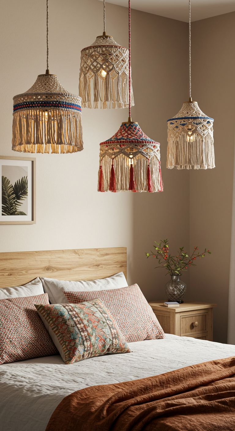 Top Boho Bedroom Trends You’ll Love This Year
Cozy bedroom with four colorful macramé pendant lights above a wooden bed. Warm-toned patterned pillows and blankets complement the soft ambiance.