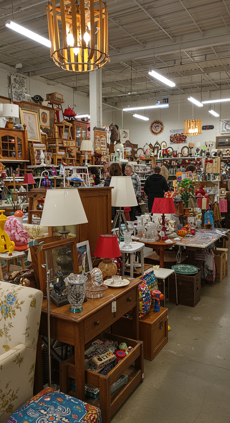 An antique store filled with vintage furniture, colorful lamps, and decorative items. Shoppers browse amidst a cozy, nostalgic atmosphere.