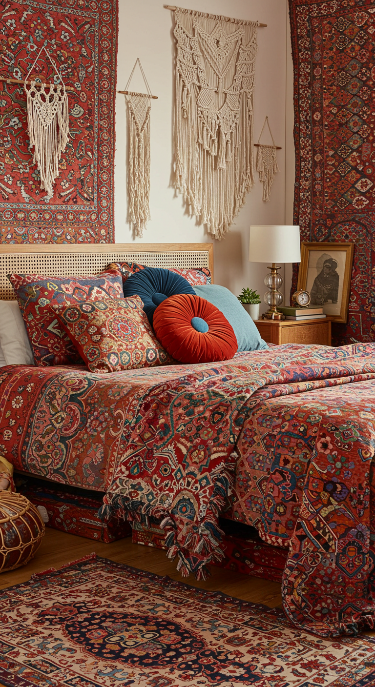 Top Boho Bedroom Trends You’ll Love This Year
Cozy bedroom with vibrant red and blue Persian rugs on bed and walls, accented by boho macramé hangings. Mix of patterned and round pillows add warmth.