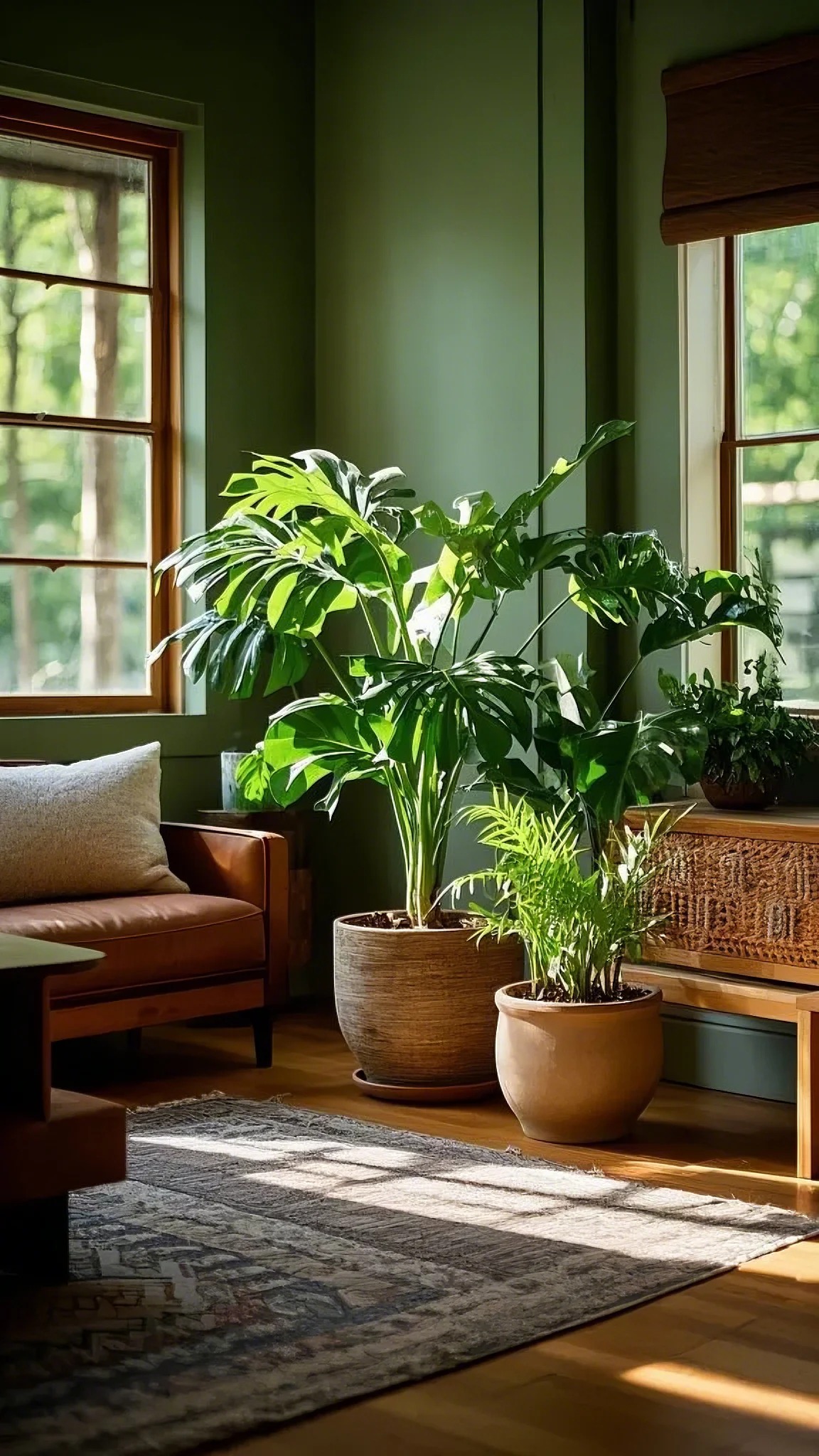 Cozy sunlit room with large green plants in pots beside a window, a brown leather sofa with a cushion, and a patterned rug on the wooden floor.