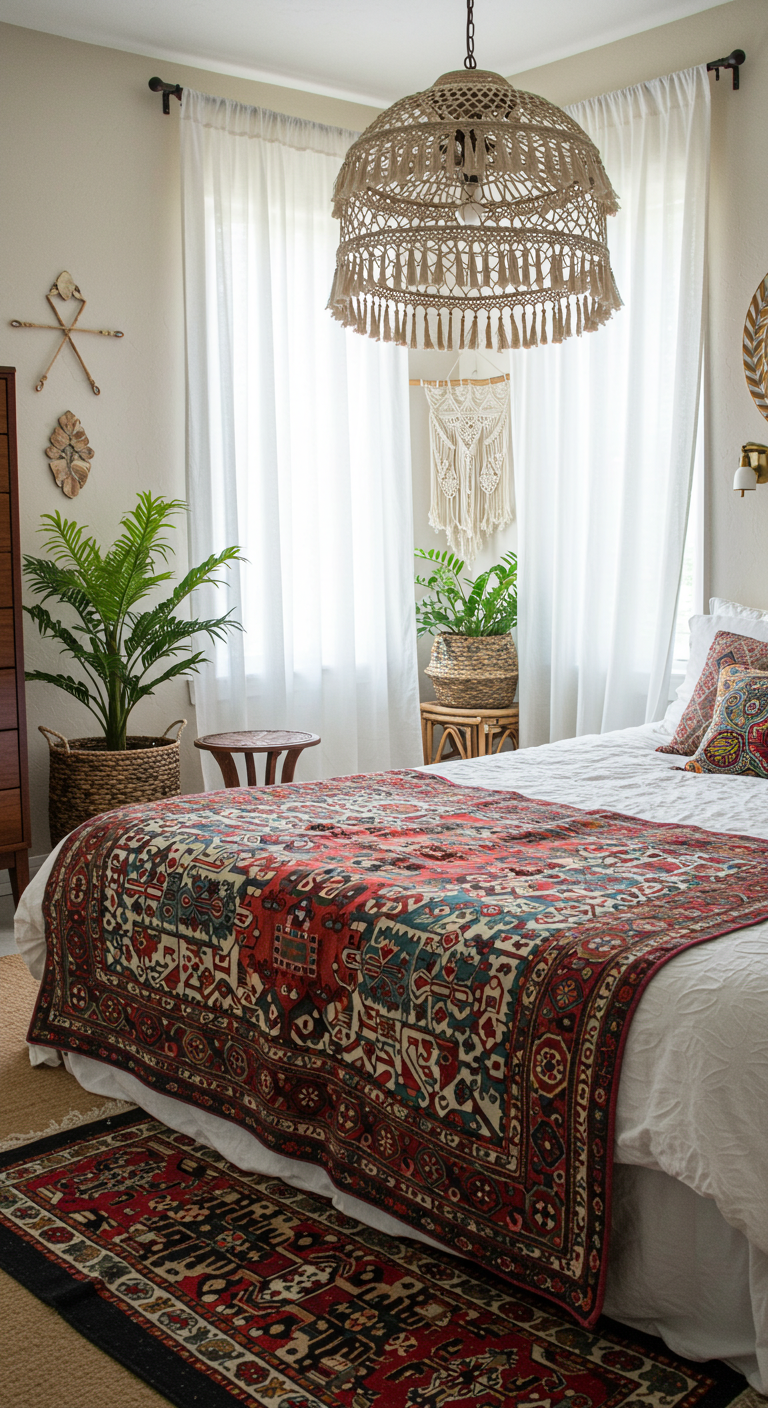 Top Boho Bedroom Trends You’ll Love This Year
Cozy boho bedroom with a colorful patterned bedspread, macramé pendant light, and houseplants. Natural light filters through sheer white curtains.