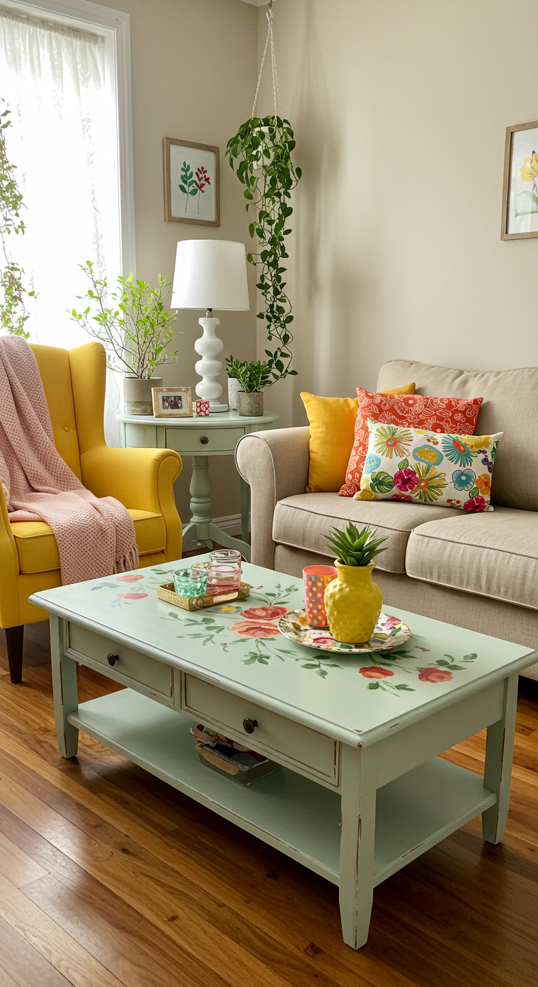 A cozy living room with a beige sofa adorned with colorful floral pillows, a yellow armchair, and plants. A painted coffee table and bright ambiance.