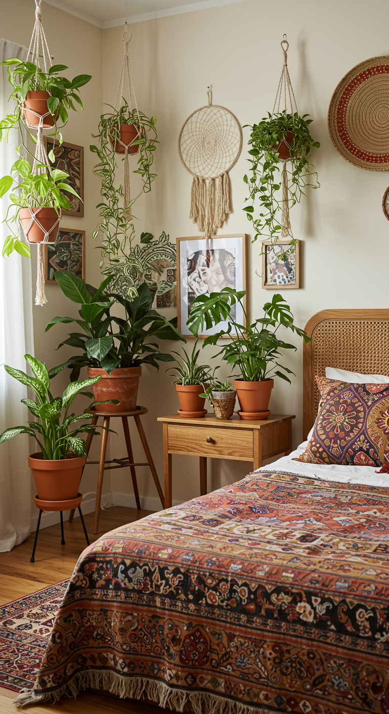 Cozy bedroom with plants in terracotta pots, a wooden nightstand, colorful patterned bedding, and boho decor on beige walls, creating a warm atmosphere.