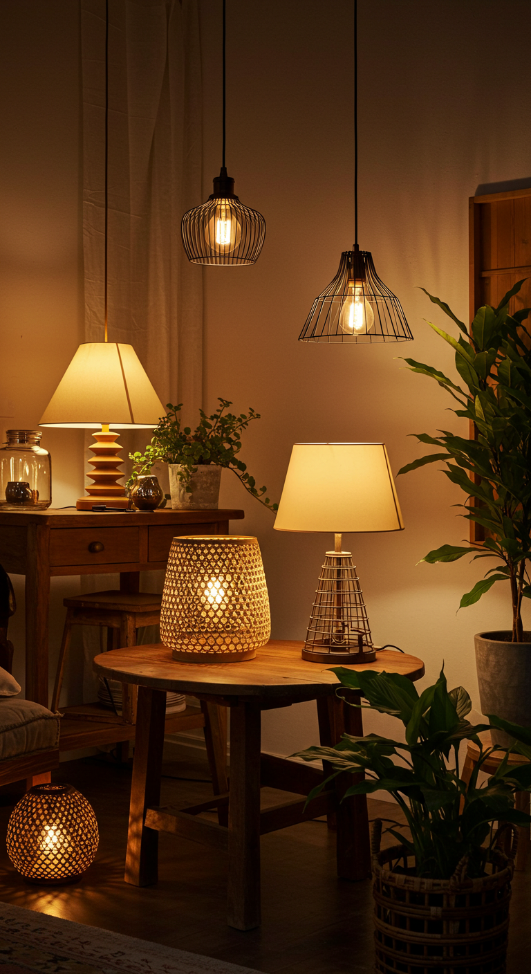 Cozy room with warm lighting features various lamps in different styles. Wooden furniture, indoor plants, and soft shadows create a tranquil atmosphere.