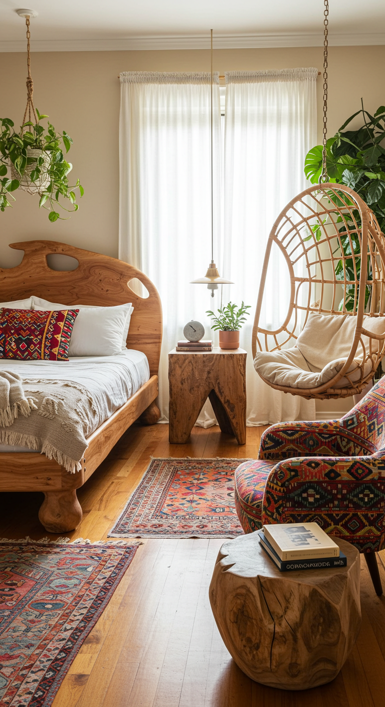 Cozy bedroom with wooden bed, colorful cushions, rattan hanging chair, and vibrant rugs. Plants and soft lighting create a warm, inviting atmosphere.